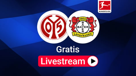 Team Logos Mainz gegen Leverkusen Bundesliga Livestream, blauer Hintergund