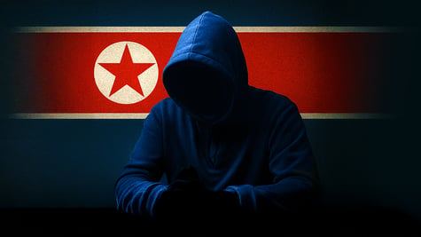 Hacker in hoodie sitting with North Korea flag in background
