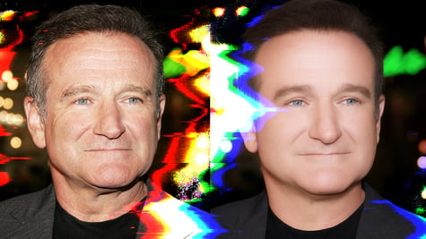 A split-screen of Robin Williams authentic image and deep-fake.