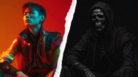 A split-poster of a Korean actor and one of a ghoul.