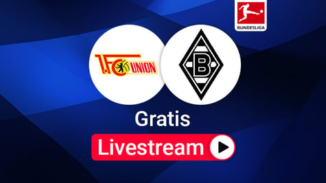 Team Logos, Union Berlin gegen Gladbach Bundesliga Livestream, blauer Hintergund