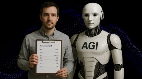 white robot on right, man in grey shirt on left, medical chart