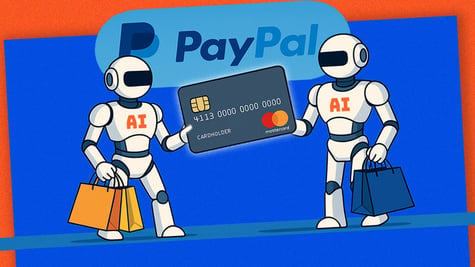 two white AI bots, huge grey mastercard, shopping bags, paypal logo