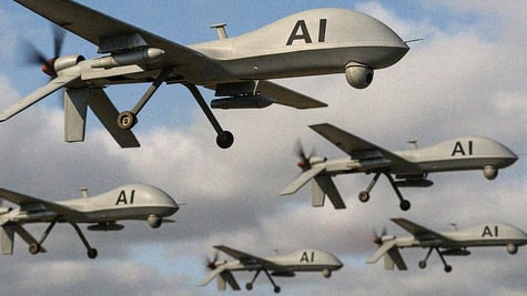 blue cloudy sky, 5 flying drones, AI signs