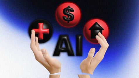 two slit white hands, two red bubbles with black home and dollar sign, black bubble with red cross