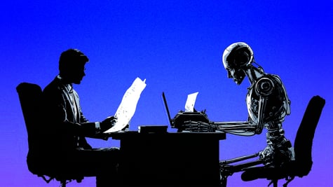 A human and a robot sitting at the desk writing