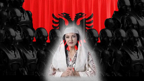Albania's AI minister Diella surrounded by ominous black agents.