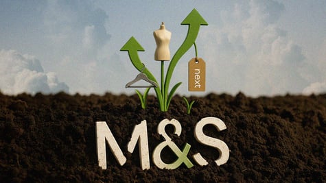 marks-and-spencers logo under ground, Next tag, green arrows growing from dark soil