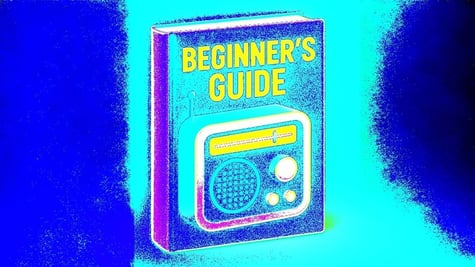 blue book, beginners guide, blue background, blue and yellow radio