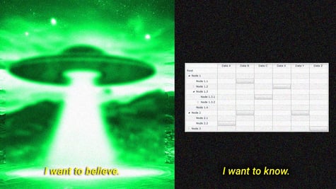 A split-screen of UFO and node data, with slogans of knowing and believing.