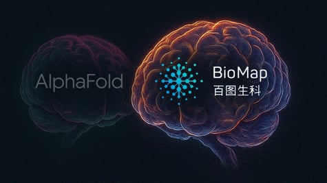 Logos of Google AlphaFold and Baidu BioMaps against brain images