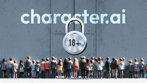 A group of children stand facing the wall with the Character.ai logo on it