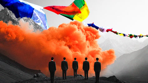 Five suited officials overlooking a firework dragon display in the Chinese mountains.