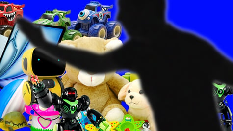A selection of toys and  in the background and a parent silhouette about to smack a child.