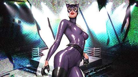 Cat-woman, in purple, atop a ripped-up picture of a wrestling ring.