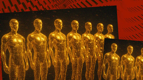 line of golden 10 golden men n black background