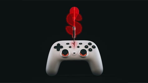 white gaming controller, red arrow in the middle of it, red dollar sign