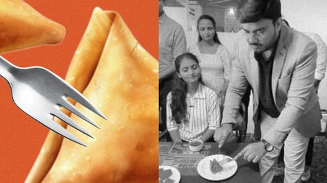 A split-screen of an influencer showing how to eat a samosa with a knife and fork.