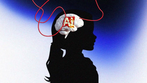 black profile of a girl, pony tail, AI, red wire, white brain