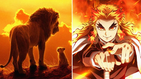 A split-screen of Lion King and Demon Slayer animations.