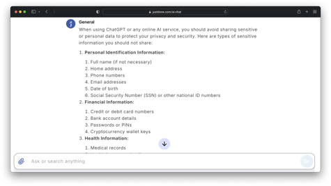 Avoid sharing sensitive data AI response