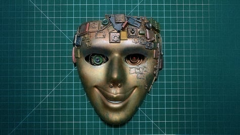 A venetian mask atop a data grid as a masquerade.