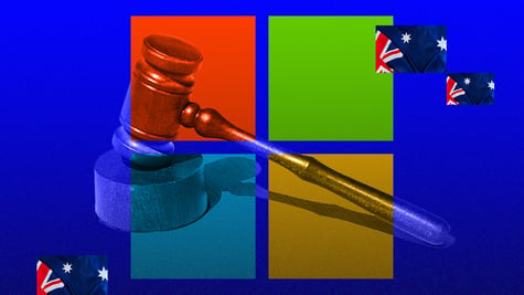 A judges hammer, on the Microsoft Windows logo with patches of the Australian flag.