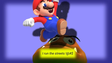 Super Mario jumping on an arrogant goomba.