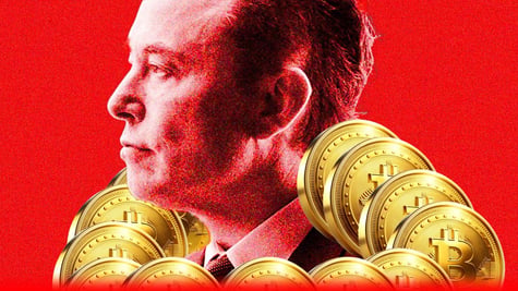 A bust of Elon Musk, amid a load of bitcoins (red background)