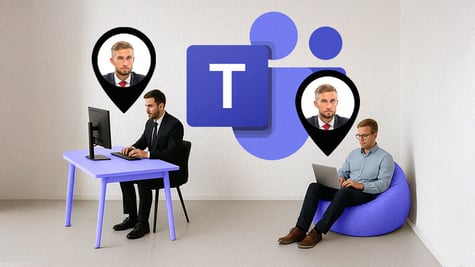 men sits on blue bean bag, man at blue office table, Teams logo