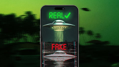 A split-screen phone spotting UFO image that is real and one that is fake.