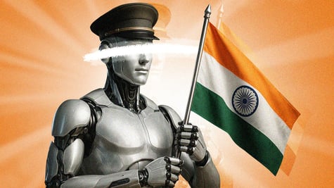 grey silver bot wearing military hat, india flag, orange 