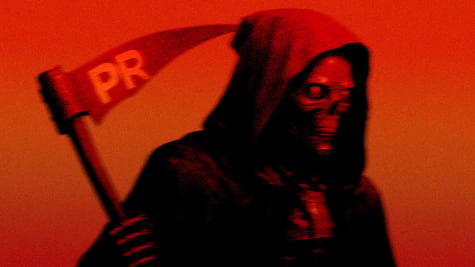 grim reaper, metal grim face, black hood, blurry black scythe with PR,