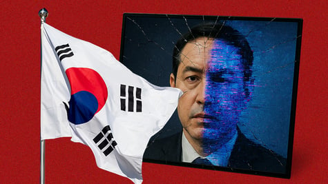 A Korean minister with a cracked screen in a deepfake, next to the South Korean flag.
