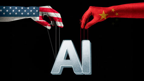 Two arms with American and Chinese flags on them