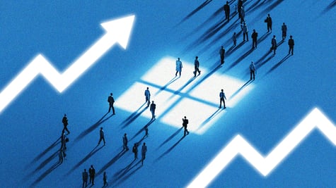 winwods logo white shadow, employees walking, silver arrows go up