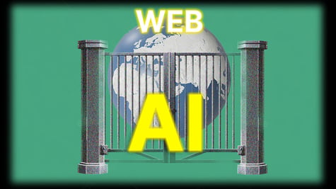 grey gate, earth behind it, AI yellow sign, green background