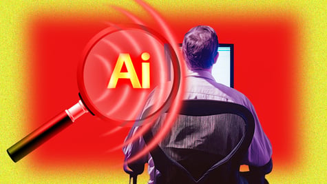ai in magnifying glass, man at computer desk, red and yellow background