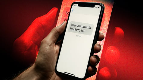 white hand holds smartphone, sms message, red hand shadow,