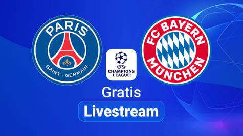 PSG vs Bayern Team Logos, Champions League, blauer Hintergund