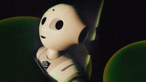 White bot bust, black eyes, nvidia logo in front, two green bubbles, black background