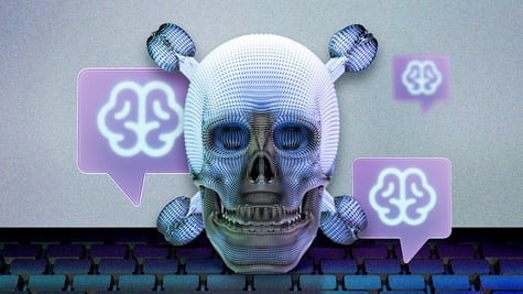 A laptop's screen with a skull
