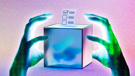 A ballot box and robot hands trying to grab it