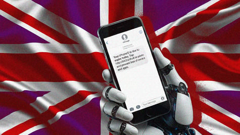uk flag, white plastic humanoid hand hol phone with sms message