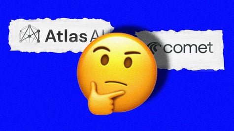 yellow wondering emoji, hand on cheek, comet and atlas logos, blue background