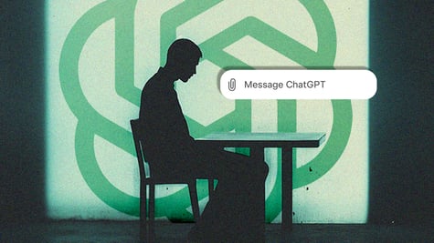 A lonely silhouette about to message ChatGPT with the OpenAI logo in green, in the background.