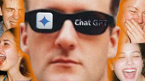 A man wearing sunglasses with logos of ChatGPT and Gemini on them