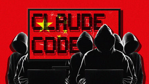 A group of hackers using Claude Code and Chinese flag on the background