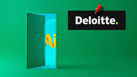 The logo of Deloitte and an open door with letters AI behind them
