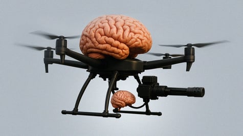a black drone with brains operating a black gun with brains